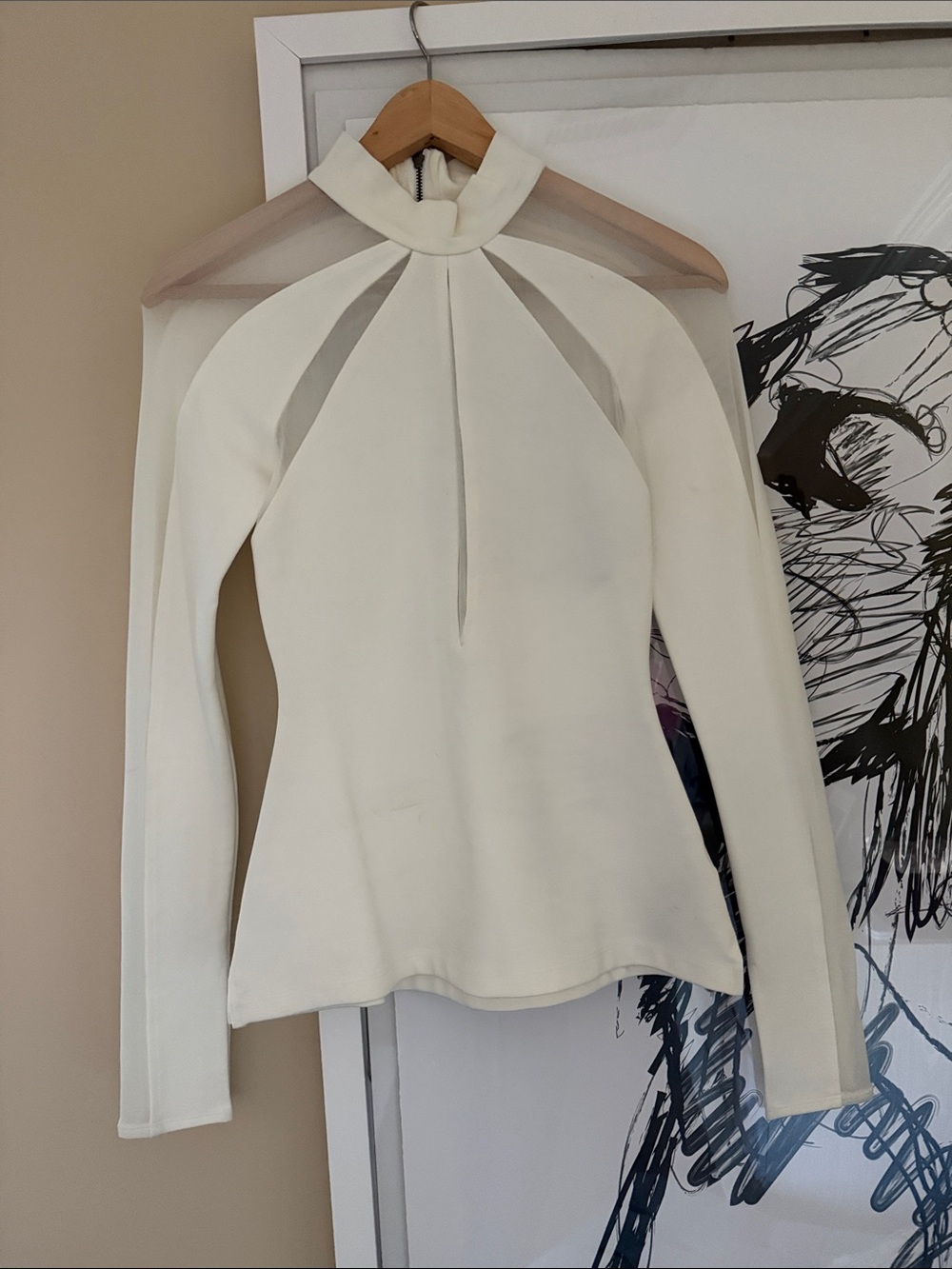 Free People Cream Mock Neck Long Sleeve Top with Front Slit